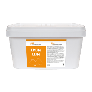 EPDM hechtlijm op waterbasis 10 liter; rechthoekige witte emmer met deksel en oranje etiket 'EPDM LIJM